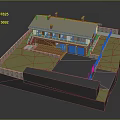 Traditional House Building With Blue Roof Chimneys Stone Fence Wooden Terrace And Green Lawn