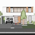 Modern Luxe Villa Exterior With White Walls Wooden Shutters Stone Wall Greenery And Car