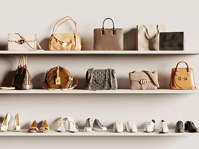 Stylish Handbags Displayed On Shelves With Various Colors And Different Designs 3d model