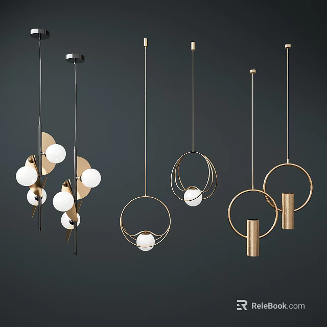 Modern Pendant Lights With Circular Rings Spherical Balls And Cylindrical Elements 3d model