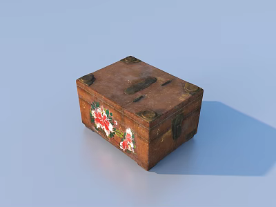 Brown Wooden Storage Box With Floral Patterns And Metal Fittings For Home Use 3d model