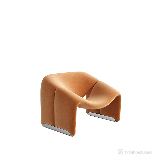 Modern Orange Velvet Accent Chair With Curved Lines And Metal Legs 3d model 
