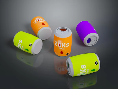 ZUK Colorful Beverage Cans In Orange Yellow And Purple Designs On Reflective Surface 3d model