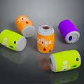 ZUK Colorful Beverage Cans In Orange Yellow And Purple Designs On Reflective Surface