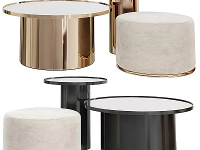 Modern Round Coffee Tables With Gold Black Metal Bases And Beige Cushioned Stools 3d model