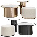 Modern Round Coffee Tables With Gold Black Metal Bases And Beige Cushioned Stools