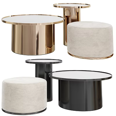 Modern Round Coffee Tables With Gold Black Metal Bases And Beige Cushioned Stools 3d model