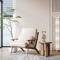 Comfortable Leisure Chair with White Cushion Wooden Armrest Side Table Bear Ornament Floor Lamp Plant
