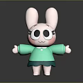 Cute Cartoon Rabbit with Big Black Eyes Pink Ears Green Shirt Skirt and Open Arms