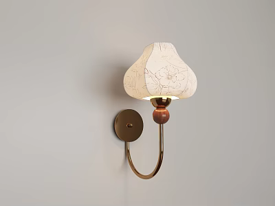 White Fabric Lampshade Wall Lamp With Floral Pattern And Golden Metal Bracket 3d model