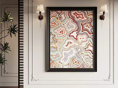 Abstract Painting With Colorful Wavy Patterns In Black Frame On White Decorative Wall With Sconces 3d model