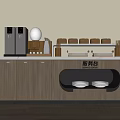 Light Wood Sideboard With Water Dispensers White Vase Wooden Containers And Open Black Compartment