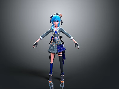 Anime Style 3D Character Model With Blue Pigtails Plaid Skirt And Knee High Socks 3d model