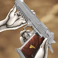 Silver Metal Pistol With Wooden Grip And Golden Emblem Held By White Gloved Hands