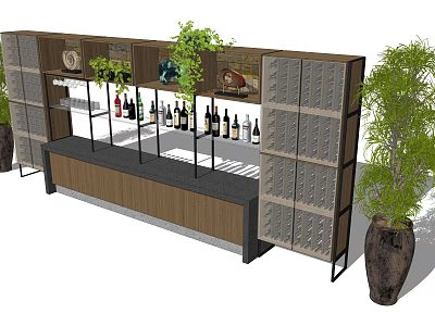 Modern Wine Cabinet Interior With Wine Bottles Green Plants And Storage Shelves 3d model