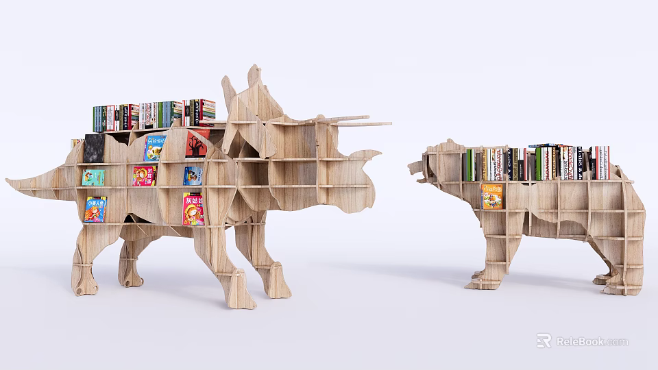 Unique Wooden Animal Shaped Bookcase With Multiple Shelves And Colorful Books 3d model 