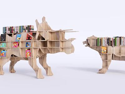 Unique Wooden Animal Shaped Bookcase With Multiple Shelves And Colorful Books 3d model