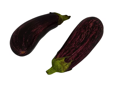 Fresh Purple Striped Eggplants With Green Stems On White Background 3d model