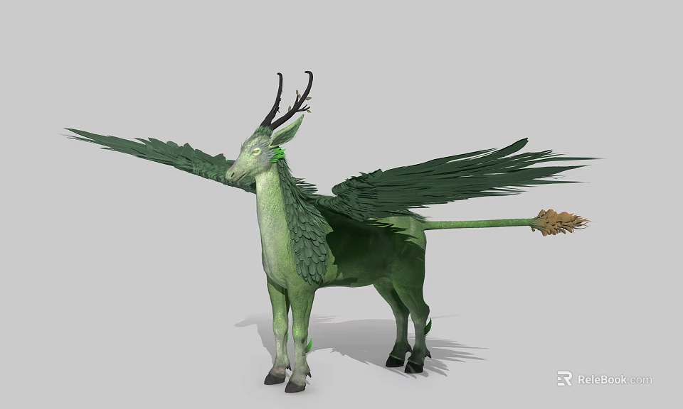 Green Mythical Winged Animal With Antlers Scaly Skin And Golden Tail Tip 3d model 