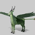 Green Mythical Winged Animal With Antlers Scaly Skin And Golden Tail Tip
