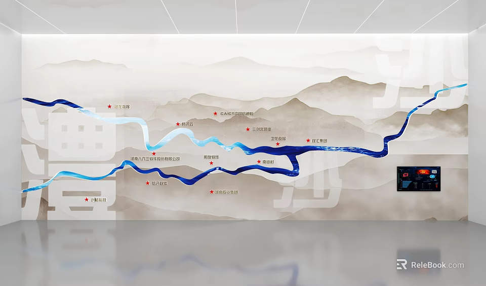 Illustrated Geographic Map With Blue River Mountain Range And Red Location Markers 3d model 