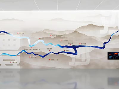 Illustrated Geographic Map With Blue River Mountain Range And Red Location Markers 3d model