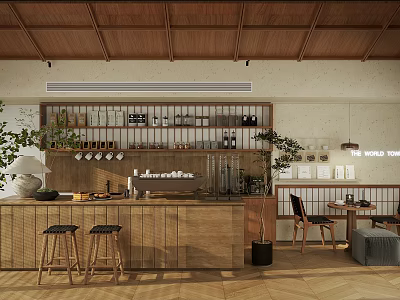 Modern Café Interior With Wooden Bar Counter High Stools And Green Plants 3d model