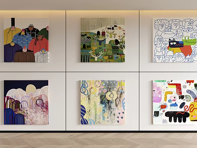 Six Abstract Paintings Hanging on Wall with Diverse Styles Colorful Patterns and Lines 3d model