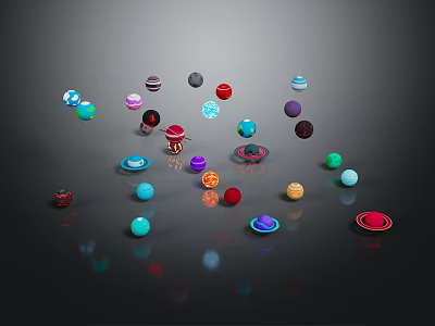 Colorful Spheres and Planet Like Objects Floating With Rings on Black Background 3d model