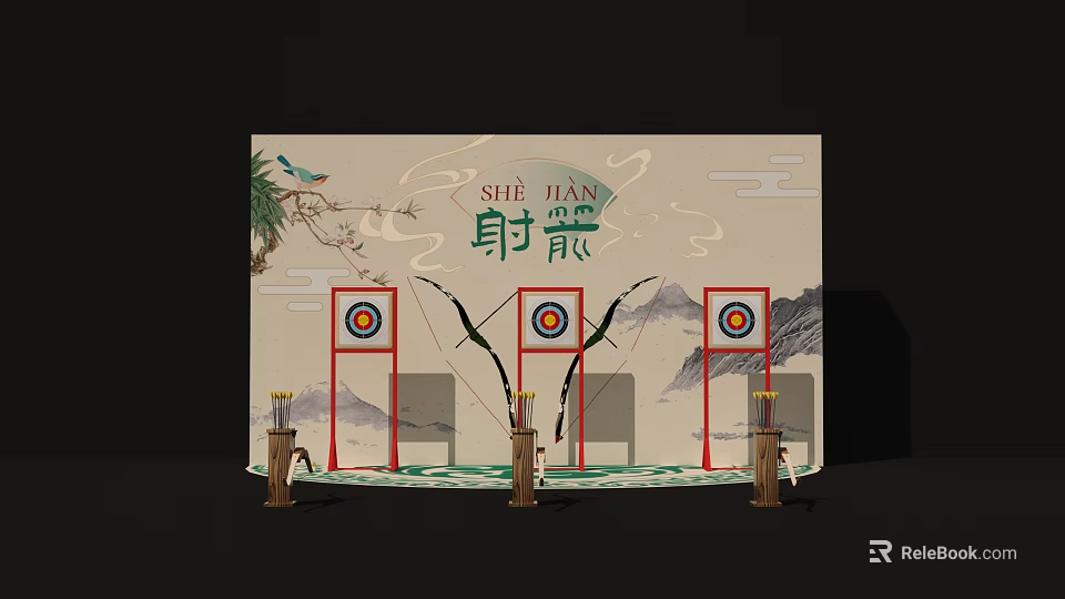Traditional Archery Scene With Targets Bows Arrows And Mountain Landscape 3d model 