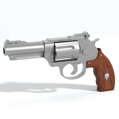 Silver Metal Revolver With Wooden Grip And Skull Logo Design 3d model