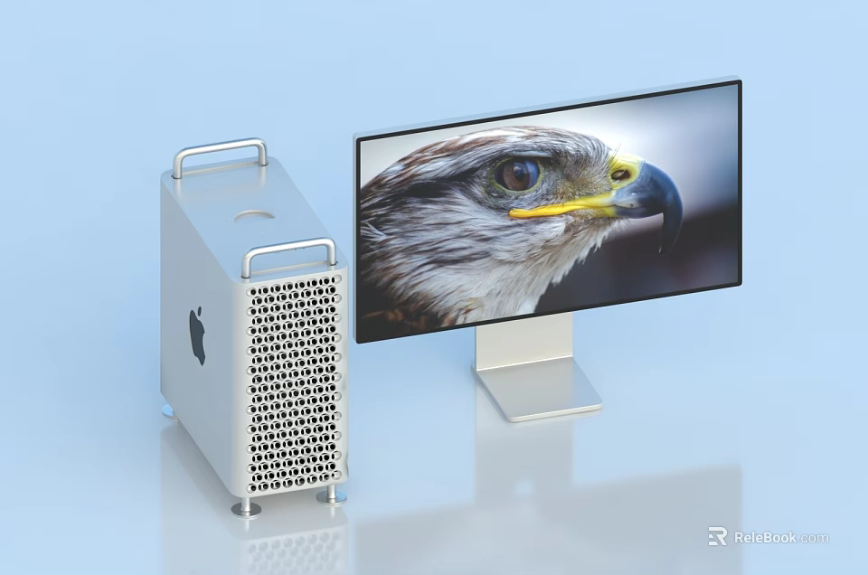 Apple Desktop Computer Silver Mesh Design Tower With Large Monitor Displaying Eagle 3d model 