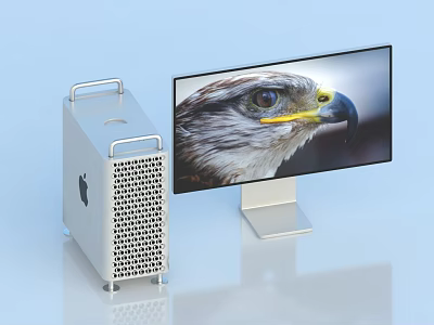 Apple Desktop Computer Silver Mesh Design Tower With Large Monitor Displaying Eagle 3d model