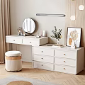 Elegant White Dressing Table With Round Mirror Stool Plant And Pendant Lights 3d model