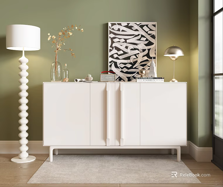 White Entryway Side Cabinet with Decorative Items Abstract Art and Floor Lamp Against Green Wall 3d model 