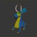 3D Cartoon Dragon Game Character With Blue Body Yellow Belly And Pink Horns