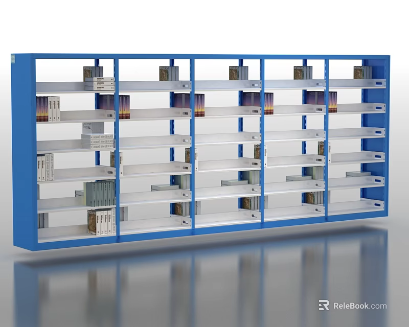 School Library Blue Bookshelf With Multiple Shelves And Books 3d model