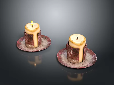 Two Burning Candles With Melted Wax On Elegant Decorative Trays 3d model
