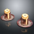 Two Burning Candles With Melted Wax On Elegant Decorative Trays