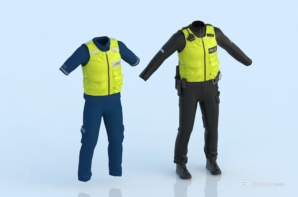 High Visibility Safety Work Uniforms With Yellow Vests Blue And Black Pants 3d model 