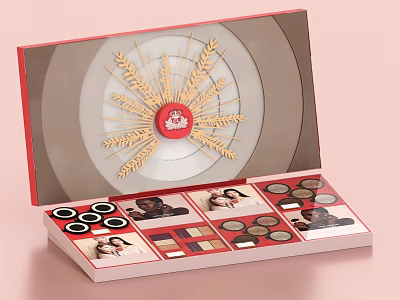 Opened Cosmetic Gift Set With Multiple Makeup Products Golden Wheat Patterns And Red Logo 3d model