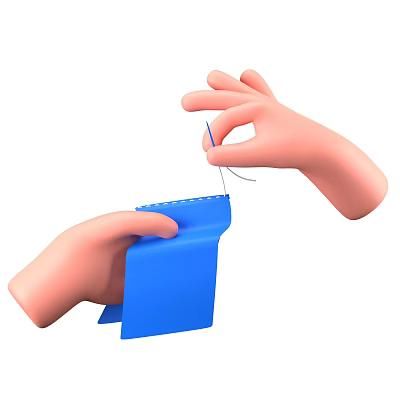 Two Hands Sewing Decorative Ornament Set With Blue Fabric And Needle Thread 3d model