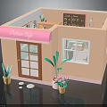 Cute Cat In Pink Cafe Model With Kitchen Interior And Outdoor Plants
