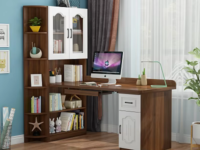 Wooden Home Office Desk With Computer Bookshelf Green Lamp And Potted Plant Decorations 3d model