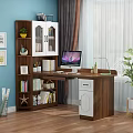 Wooden Home Office Desk With Computer Bookshelf Green Lamp And Potted Plant Decorations