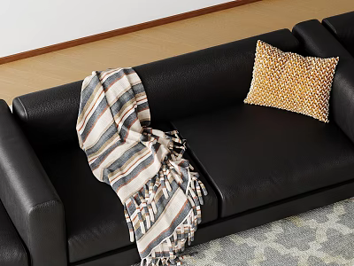 Yellow Textured Decorative Pillow On Black Leather Sofa With Striped Blanket 3d model
