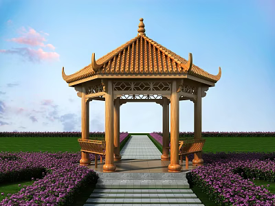 Chinese Style Pavilion With Golden Roof And Carved Design On Green Lawn With Purple Flowers 3d model