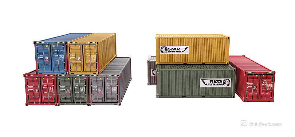 Industrial Transport Containers In Various Colors With SEAR Transport Logo Stacked And Arranged 3d model 