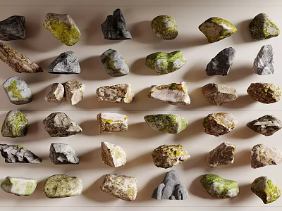 Diverse Natural Stone and Wood Pieces with Assorted Textures and Colors 3d model