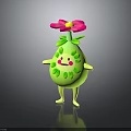 Cartoon Plant With Green Pear Shaped Body Yellow Limbs Blush Face And Pink Head Flower